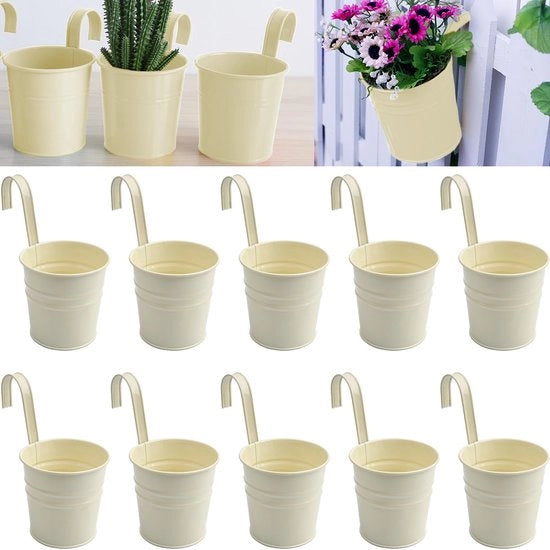 Set di 10 Vasi in Metallo Sospesi, con Hanger Rimovibili e Fessure di Drenaggio, Piccoli Vasi per Erbe Sospesi per Ringhiera, Cancello, Esterno, Balcone