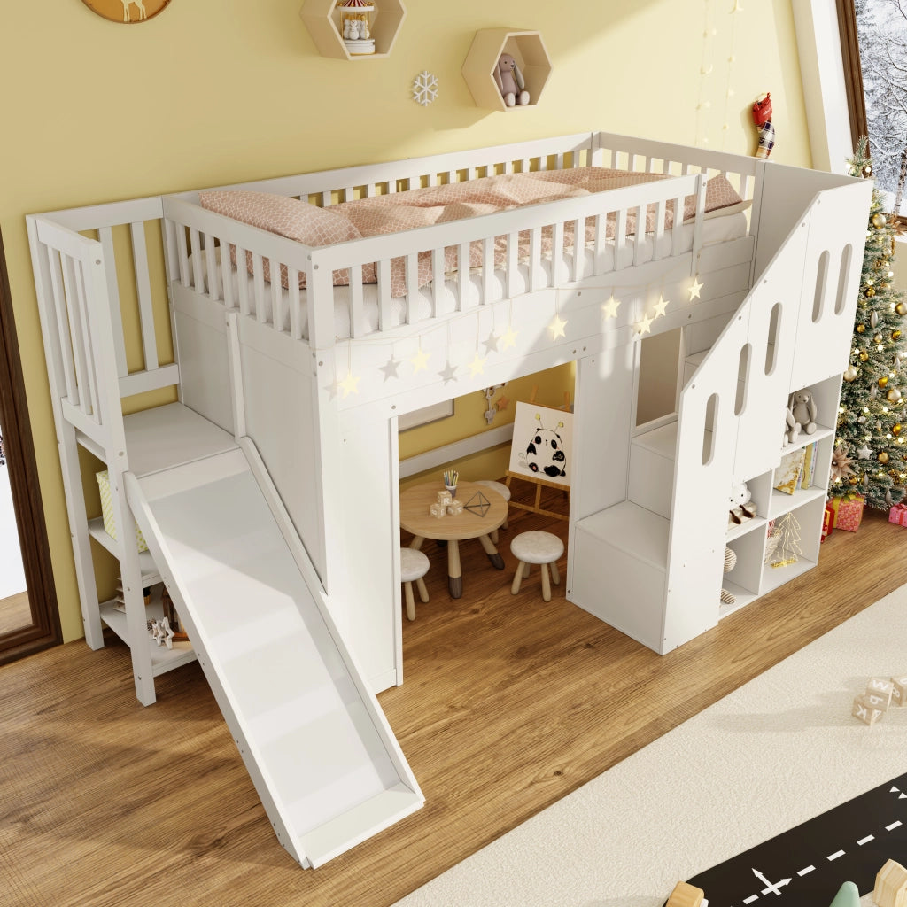 Letto a soppalco per bambini singolo 90 × 200 cm con scivolo, scala contenitore e luce led, senza materasso, bianco