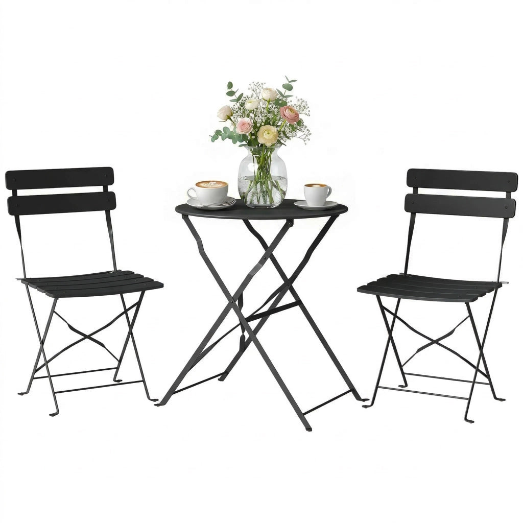 Set Bistrot Giardino 3 Pezzi Tavolo e 2 Sedie Pieghevoli ¨C Xylo ¨C Acciaio Nero