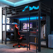 Letto a soppalco multifunzione 90x200 cm con scrivania; armadio; LED e prese EU; nero