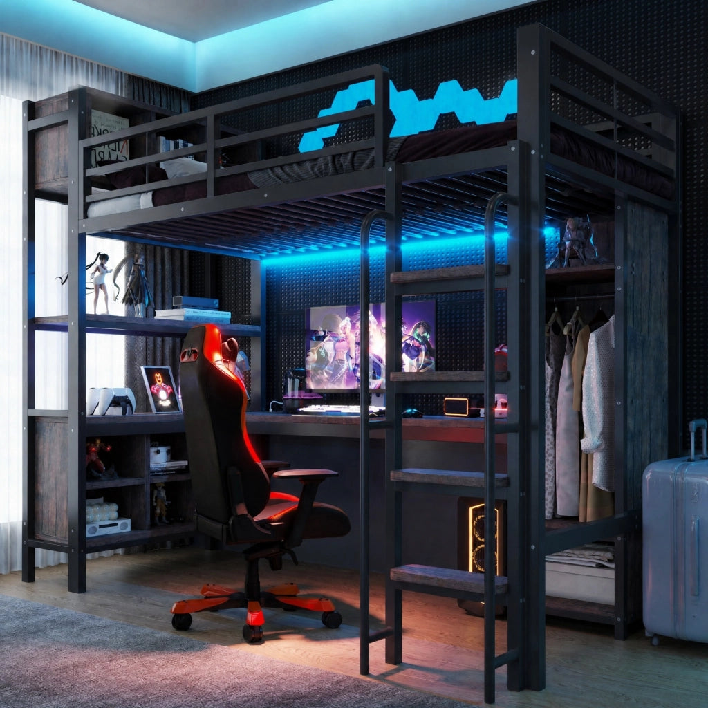 Letto a soppalco multifunzione 90x200 cm con scrivania; armadio; LED e prese EU; nero