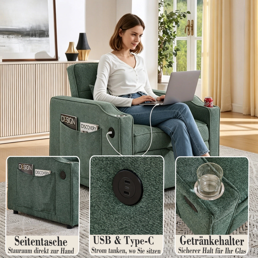 Fauteuil convertible con funzione letto, schienale regolabile, USB e portabicchieri, in tessuto verde 190 cm