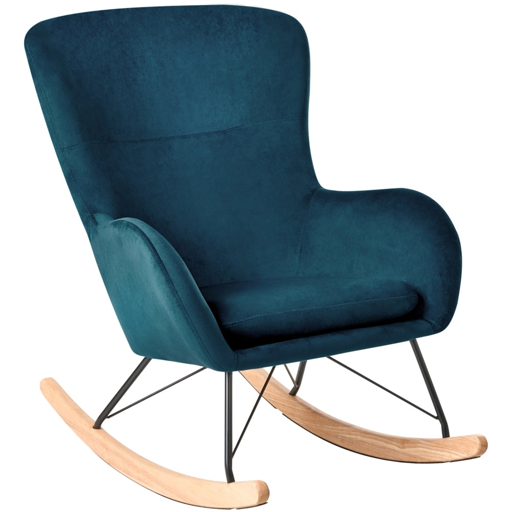 Sedia A Dondolo Velluto Blu Mare Gambe In Metallo Pattini In Legno Moderni