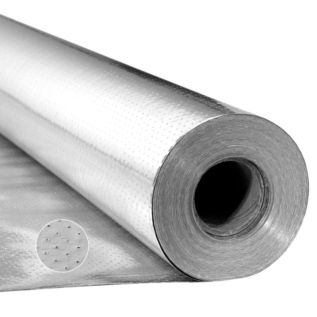 Barriera radiante isolante riflettente in alluminio bifacciale perforato 76,2 m x 1,22 m spessore 0,15 mm per tetti camper casa fai da te