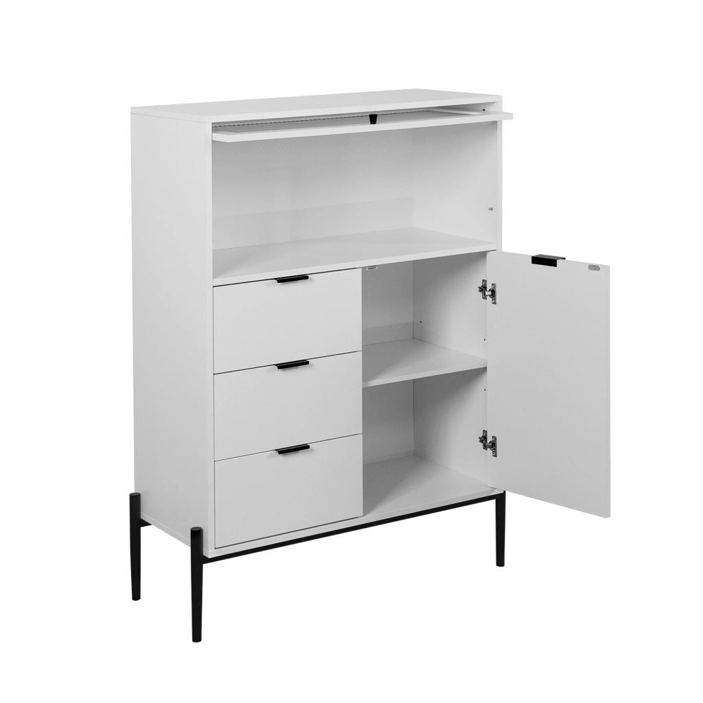 OKWISH Credenza con 3 Cassetti, 1 Anta e 1 Anta in Vetro, Ripiani Regolabili, per Cucina o Sala da Pranzo, Bianca