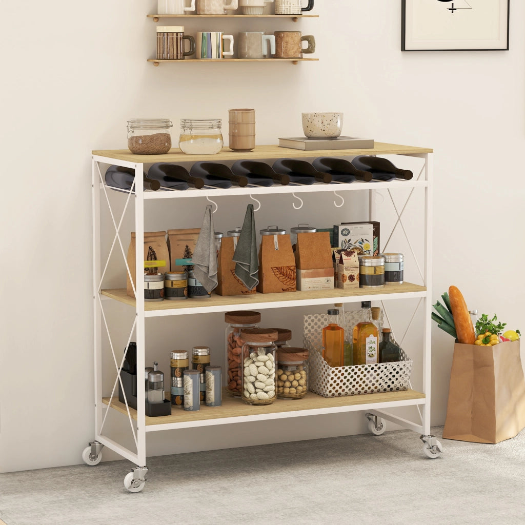 Carrello Portavivande a 4 Livelli con Portabottiglie ¨C zephmum ¨C Legno e Metallo, 96.5x38x96.7 cm