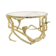Tavolino basso VIPEREA rotondo 67 cm dorato con serpenti in alluminio e vetro temperato
