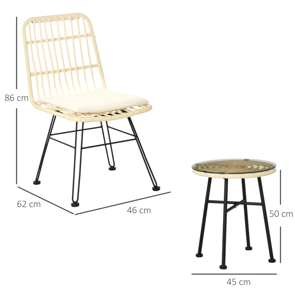 Set bistrot giardino 3 pezzi tavolo rotondo vetro temperato 2 sedie cuscini polyrattan metallo ? 45x50 cm crema ¨C Xylo