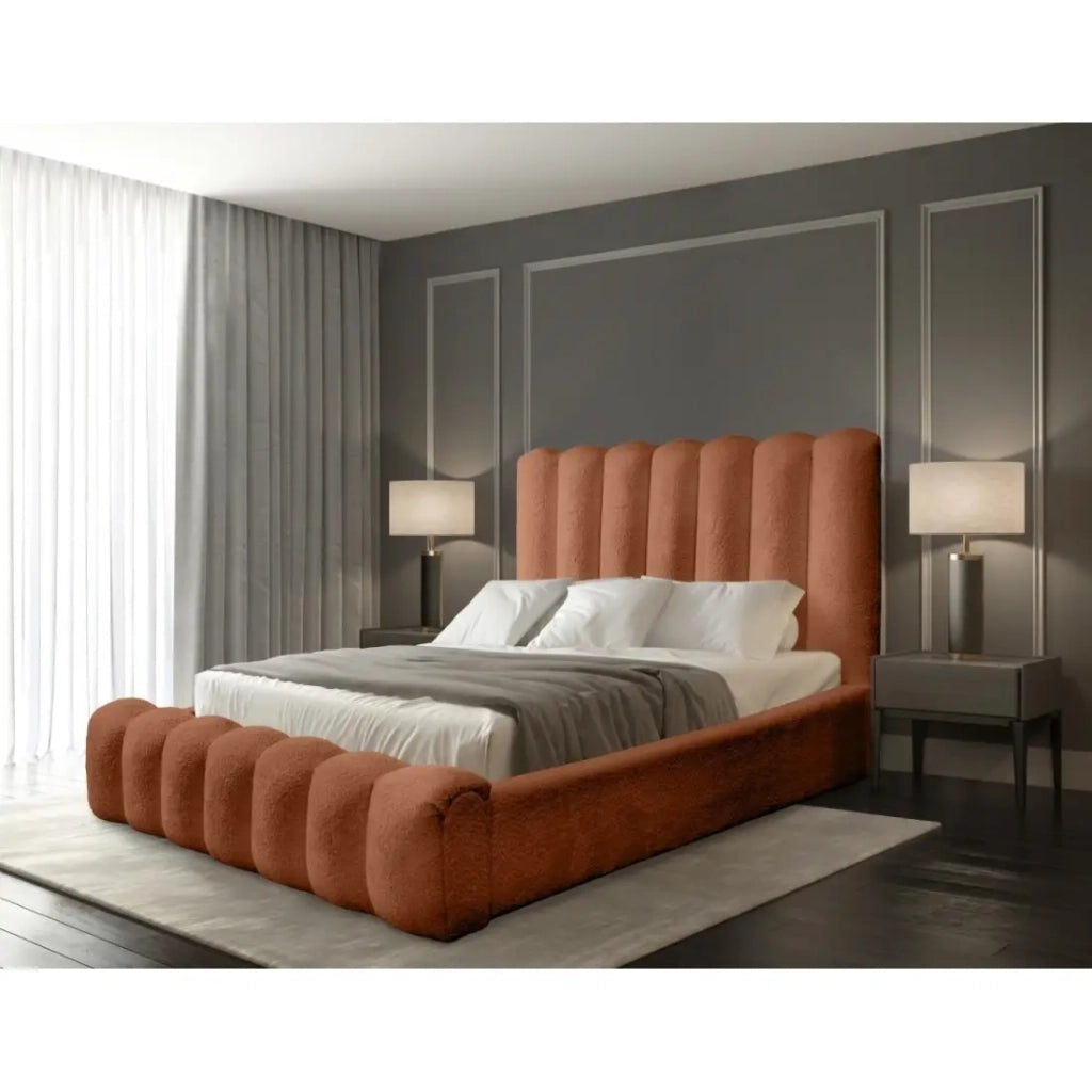Letto contenitore BADJA - Tessuto bouclé Terracotta - 180x200 cm - Rete sollevabile - Design di alta gamma