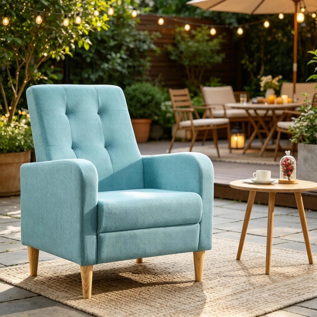 Poltrona imbottita a 1 posto con schienale alto in lino, schiuma e legno, blu, con braccioli 68 × 90,5 × 73,5 cm