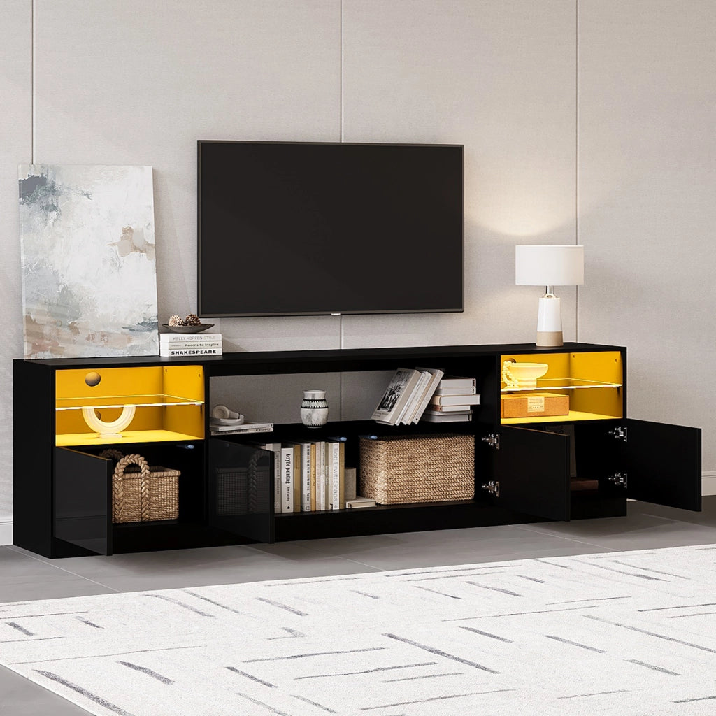 Mobile porta TV con LED, 4 ante, 8 vani e 2 ripiani in vetro temperato per soggiorno, nero, 180 × 35 × 60 cm