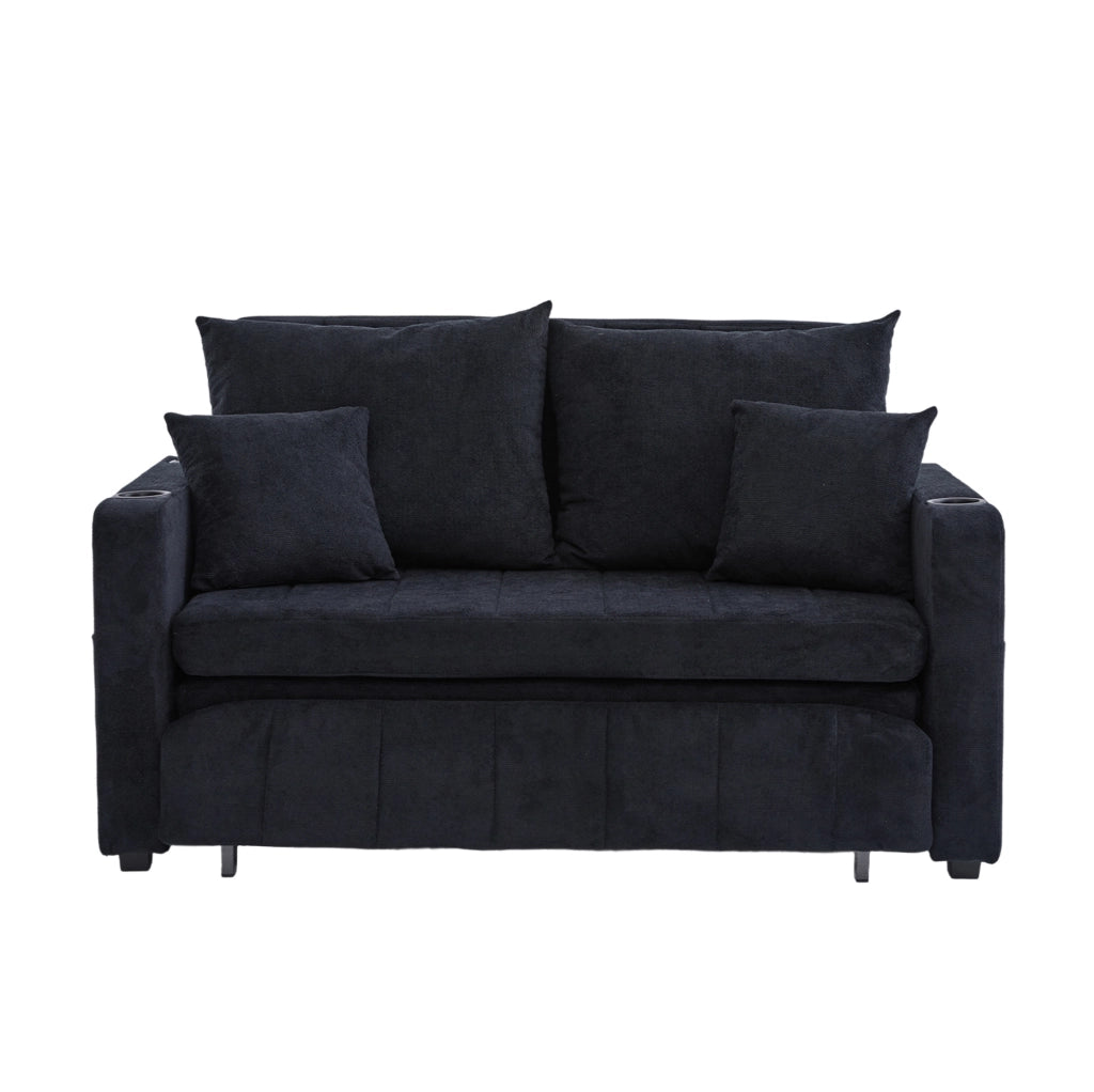 Divano letto 139x83x58 cm in ciniglia nera con USB e portabicchieri