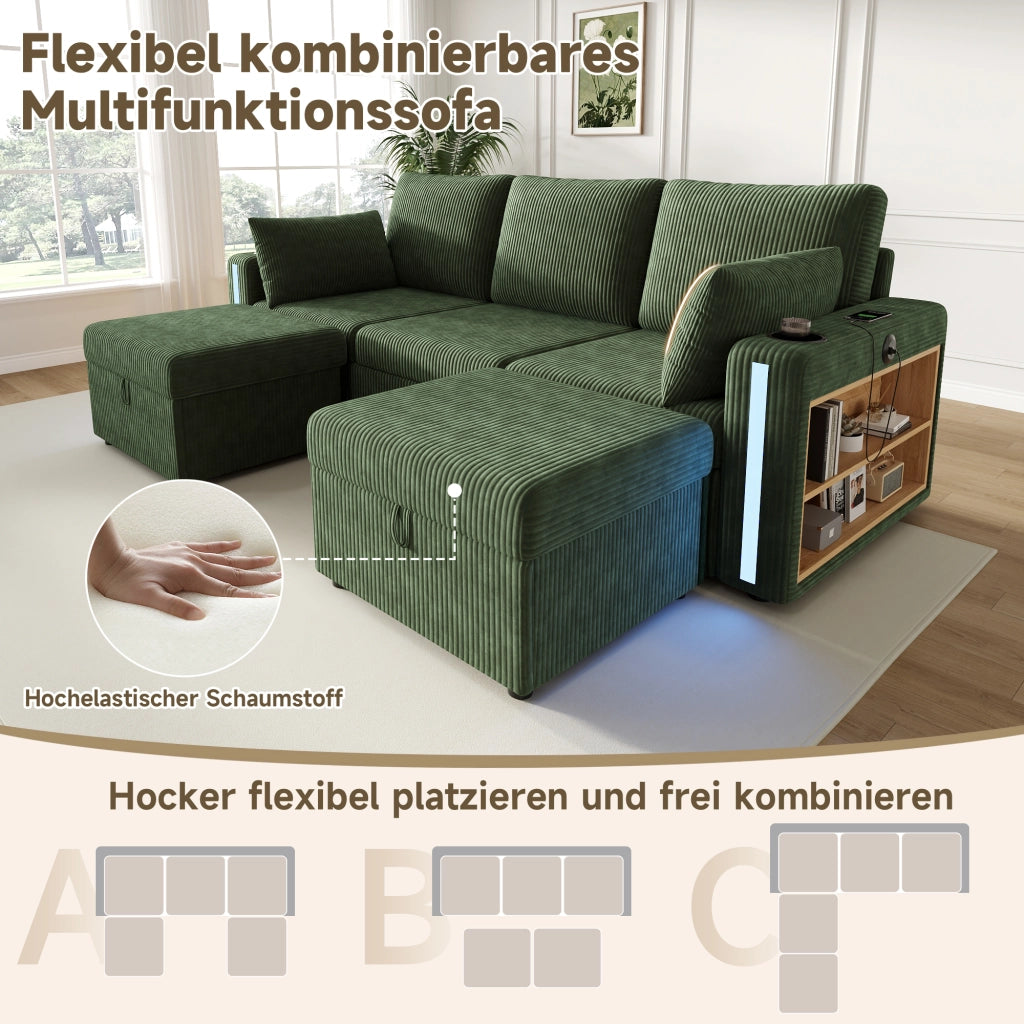Divano modulare a u e l con 2 pouf contenitore, luci led, porte usb e type-c, verde 190 × 130 × 85 cm