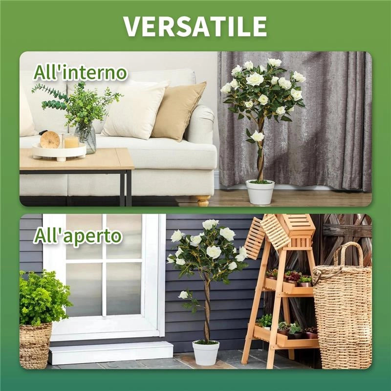 PIANTA FINTA DI ROSA DA 21 FIORI CON VASO RIEMPITO IN CEMENTO E MUSCHIO, Ï18X90 CM, BIANCO