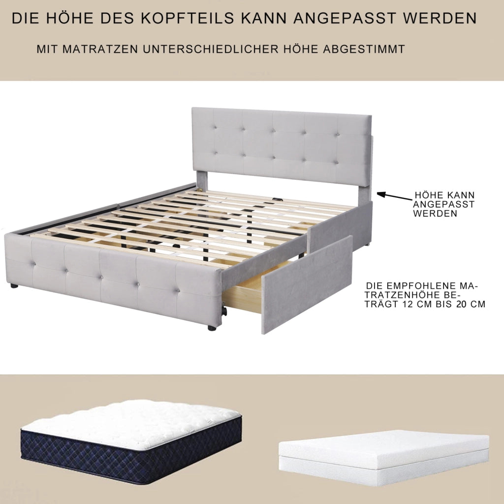 Letto imbottito 140x200 cm con 4 cassetti; testiera e rete a doghe; grigio