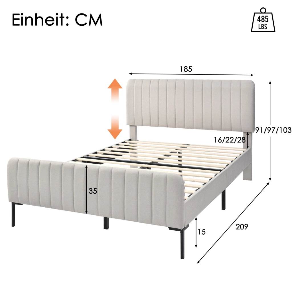 Letto imbottito matrimoniale 180x200 cm, testiera regolabile, struttura in legno e metallo, grigio-beige