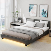 Letto imbottito 140 x 200 cm, struttura letto con illuminazione LED regolabile 16 colori, letto matrimoniale con testiera imbottita e doghe in legno, telaio del letto con rivestimento in