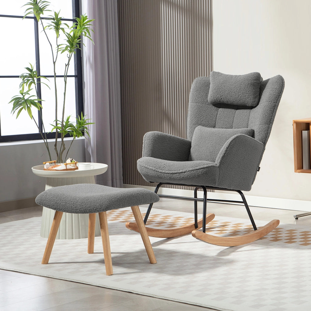 Poltrona a Dondolo Reclinabile con Poggiapiedi ¨C zephmum ¨C Tessuto Fleece Grigio Scuro