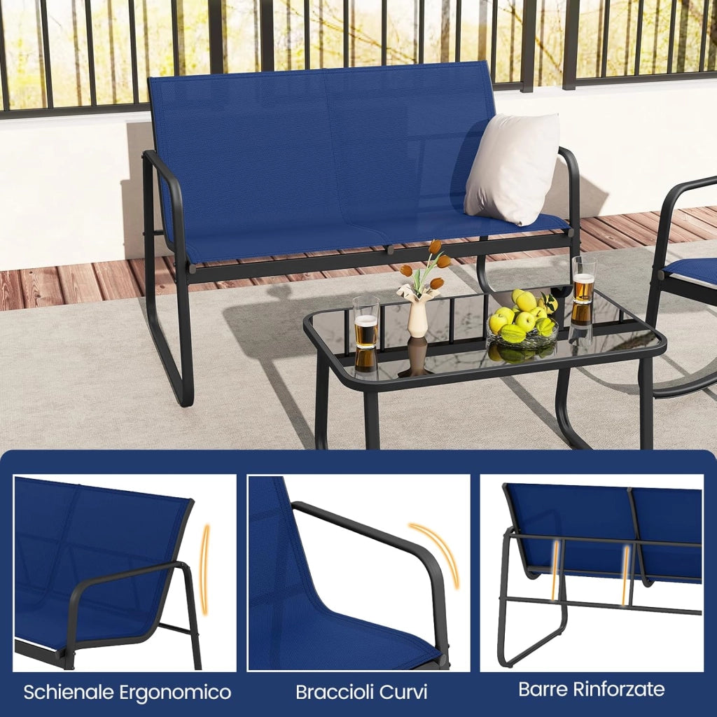 Set da Giardino 4 Pezzi in Tessuto Textilene, Set da Bistrò da Patio, Tavolo e Sedie con Tavolino in Vetro, 2 Sedie e Divanetto a Dondolo, per Giardino Coltile Terrazza (Blu)