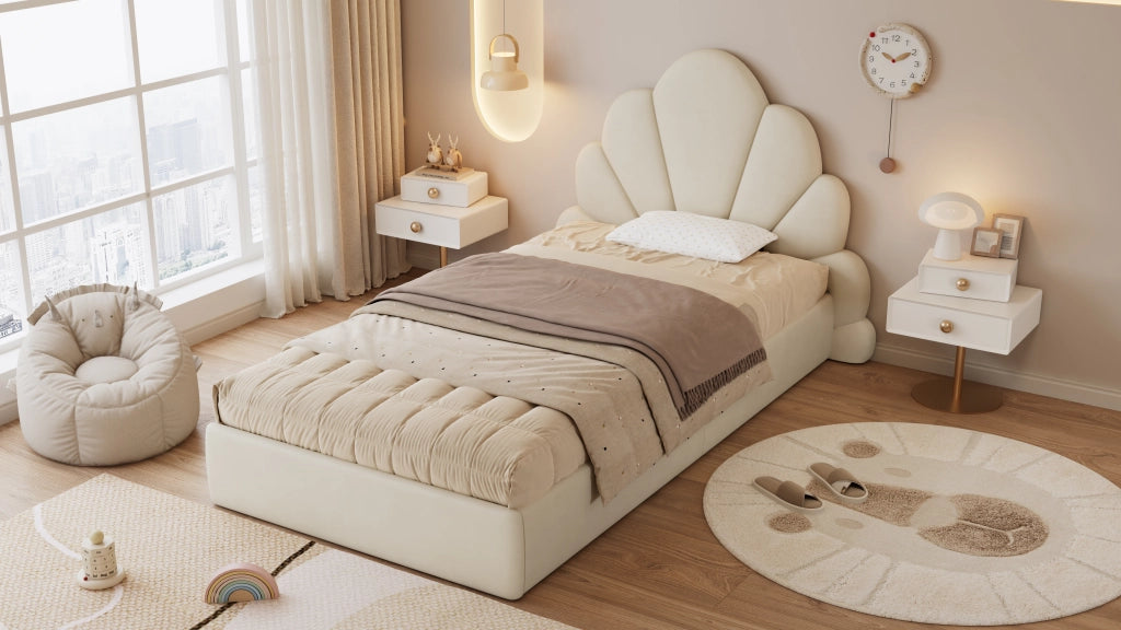 Letto singolo imbottito, testiera con petali curvi, semplice, elegante e confortevole, struttura letto moderna, velluto, beige, 90x200 cm