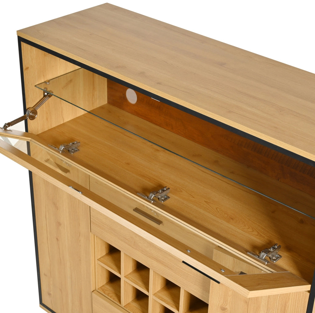 Credenza portabottiglie 110x38x111 cm con 2 ante; LED e divisorio in vetro; legno naturale e nero