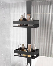 Pannello di Acciaio Inossidabile Senza Fori per Porta Vetrata senza Cassetta, Nero (688 × 23 × 10 cm) - Supporto per Shampoo per Doccia con Organizzatore per Bagno a 2 Livelli