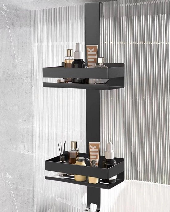 Pannello di Acciaio Inossidabile Senza Fori per Porta Vetrata senza Cassetta, Nero (688 × 23 × 10 cm) - Supporto per Shampoo per Doccia con Organizzatore per Bagno a 2 Livelli
