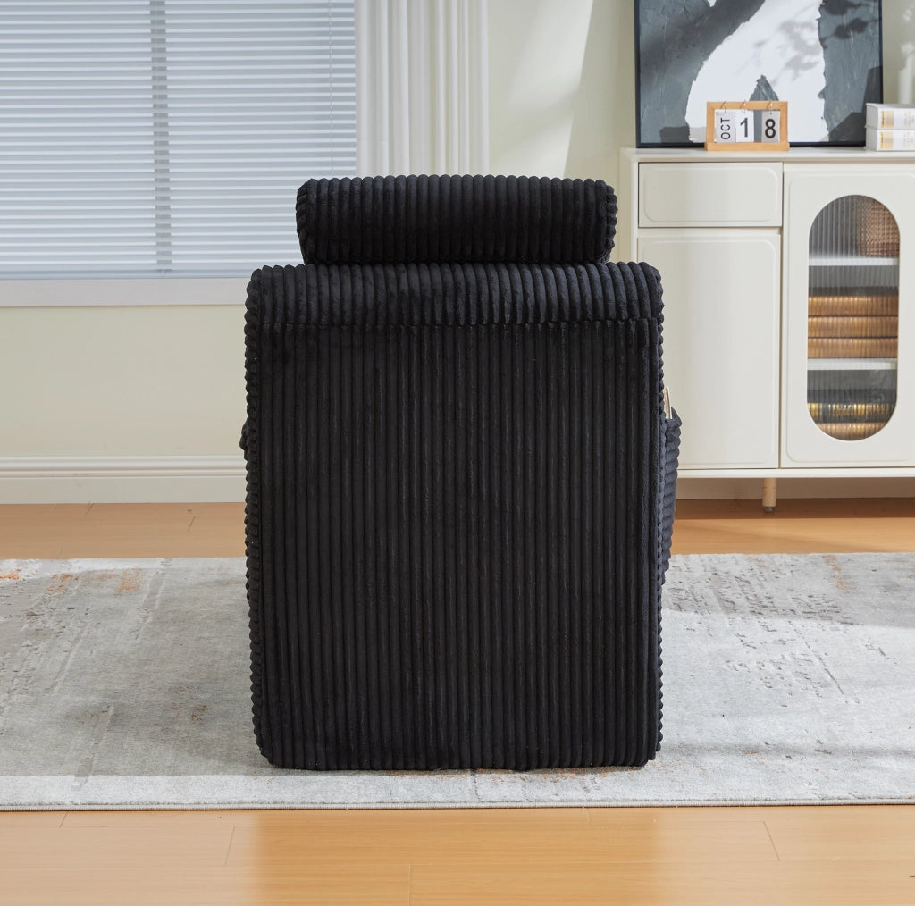 Poltrona singola moderna in velluto a coste nero; 160x66x90 cm; con cuscino rimovibile e tasca laterale