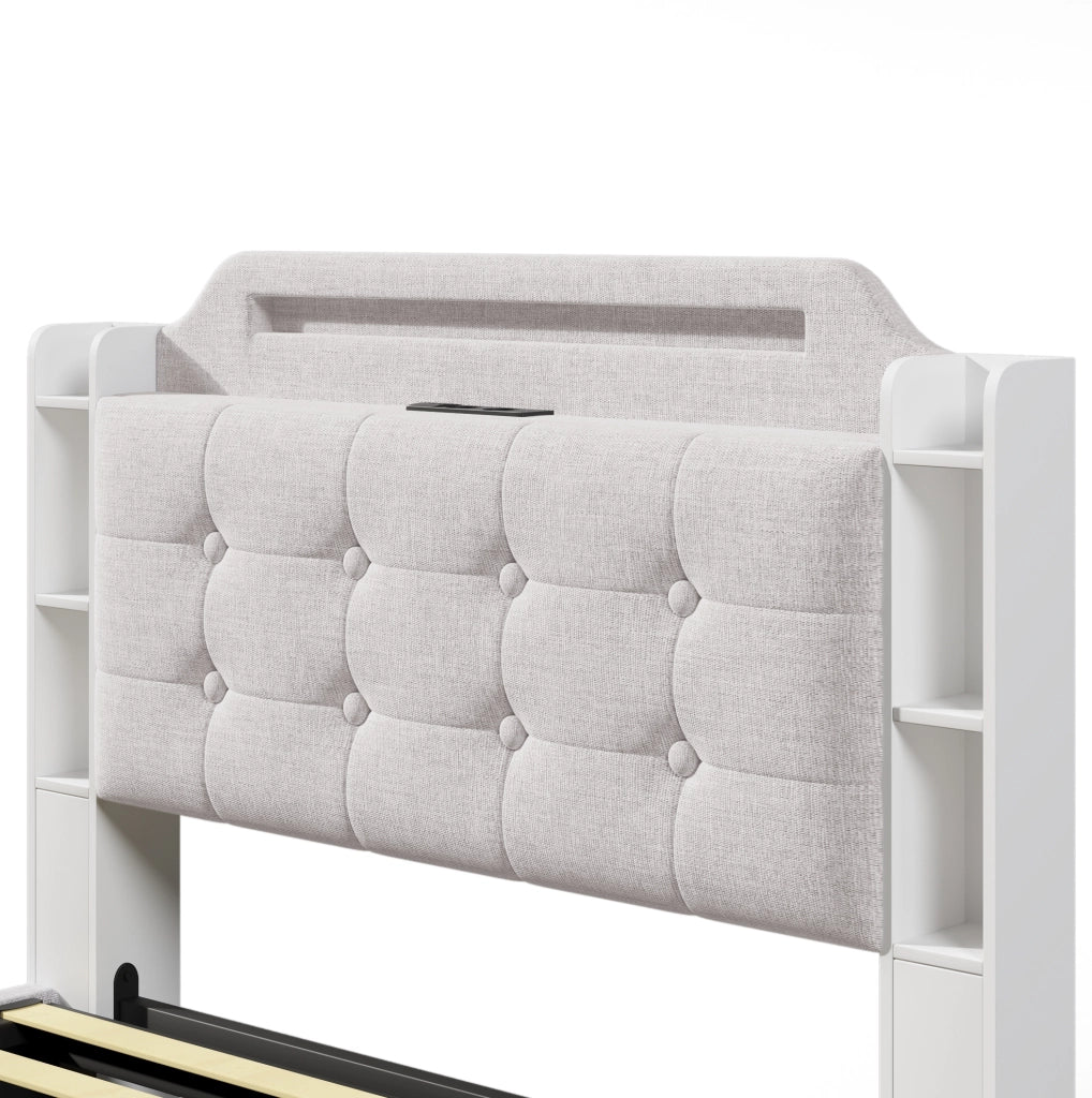 Letto matrimoniale imbottito 140x200 cm in lino beige con LED; contenitore idraulico e porte USB + Type-C