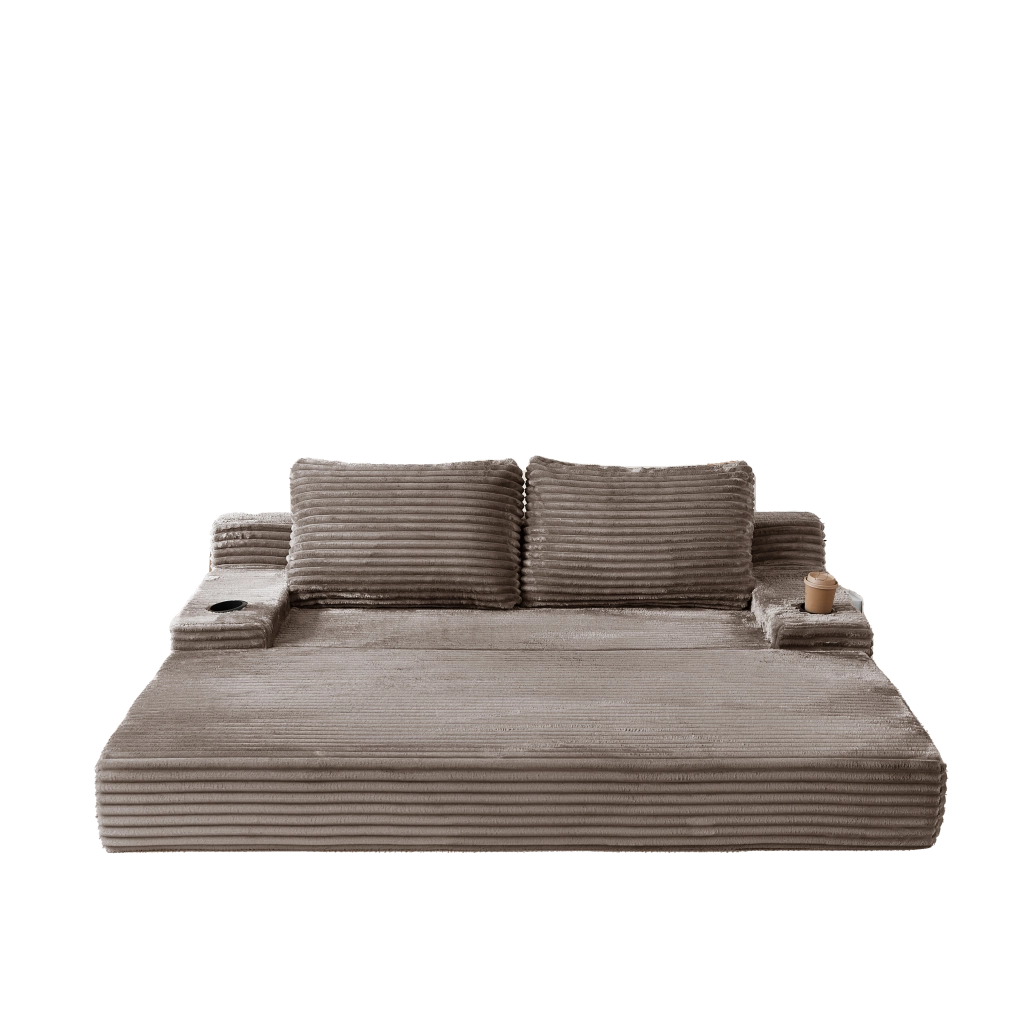 Divano letto 2 in 1 in velluto a coste marrone con portabevande laterali