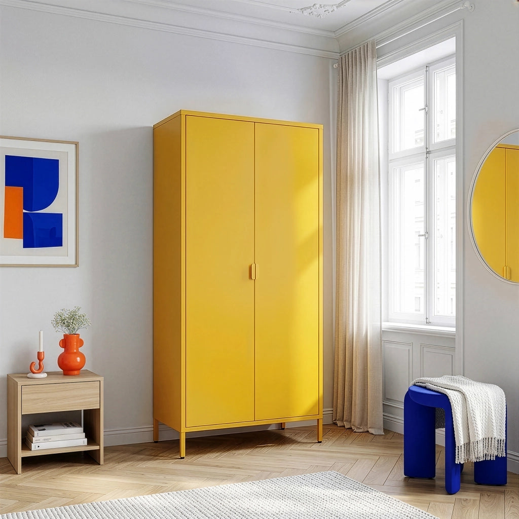 Armadio Guradaroba Esteli in Acciaio a 2 Ante con 2 Barre Appendiabiti e 4 Ripiani 170 x 80 x 45 cm - Giallo [en.casa]