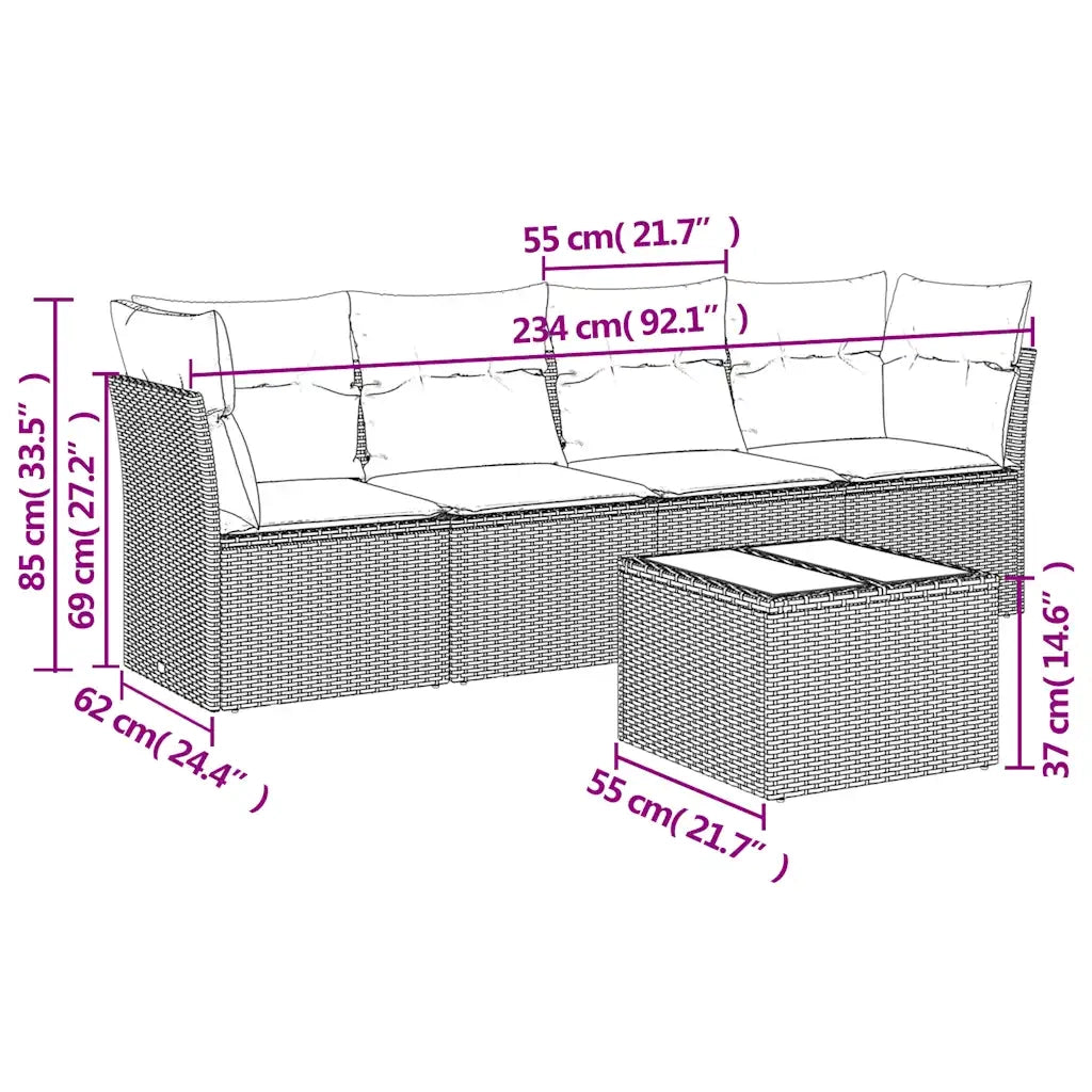 Set Divano da Giardino 5pz con Cuscini Grigio Chiaro Polyrattan