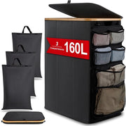 Organizzatore per lavatrice 3 compartimenti con coperchio 160L Aggiornamento Organizzatore appeso per lavatrice Lavatrice grande Lavatrice pieghevole Box per stoffe sporche per lavatrice Lavatrice nera