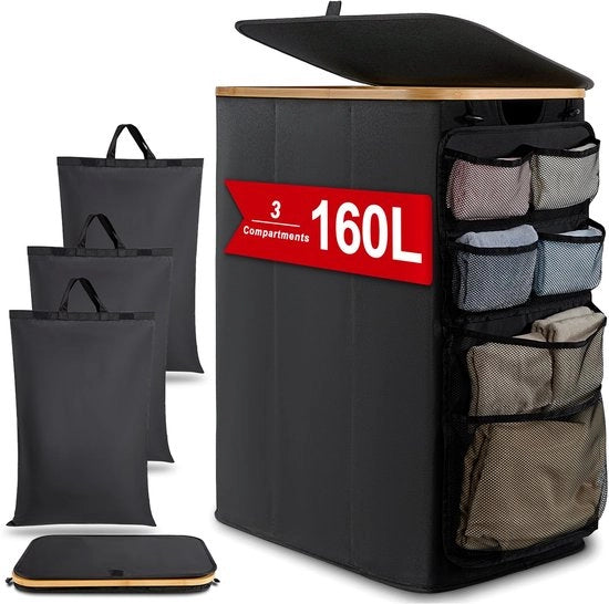 Organizzatore per lavatrice 3 compartimenti con coperchio 160L Aggiornamento Organizzatore appeso per lavatrice Lavatrice grande Lavatrice pieghevole Box per stoffe sporche per lavatrice Lavatrice nera