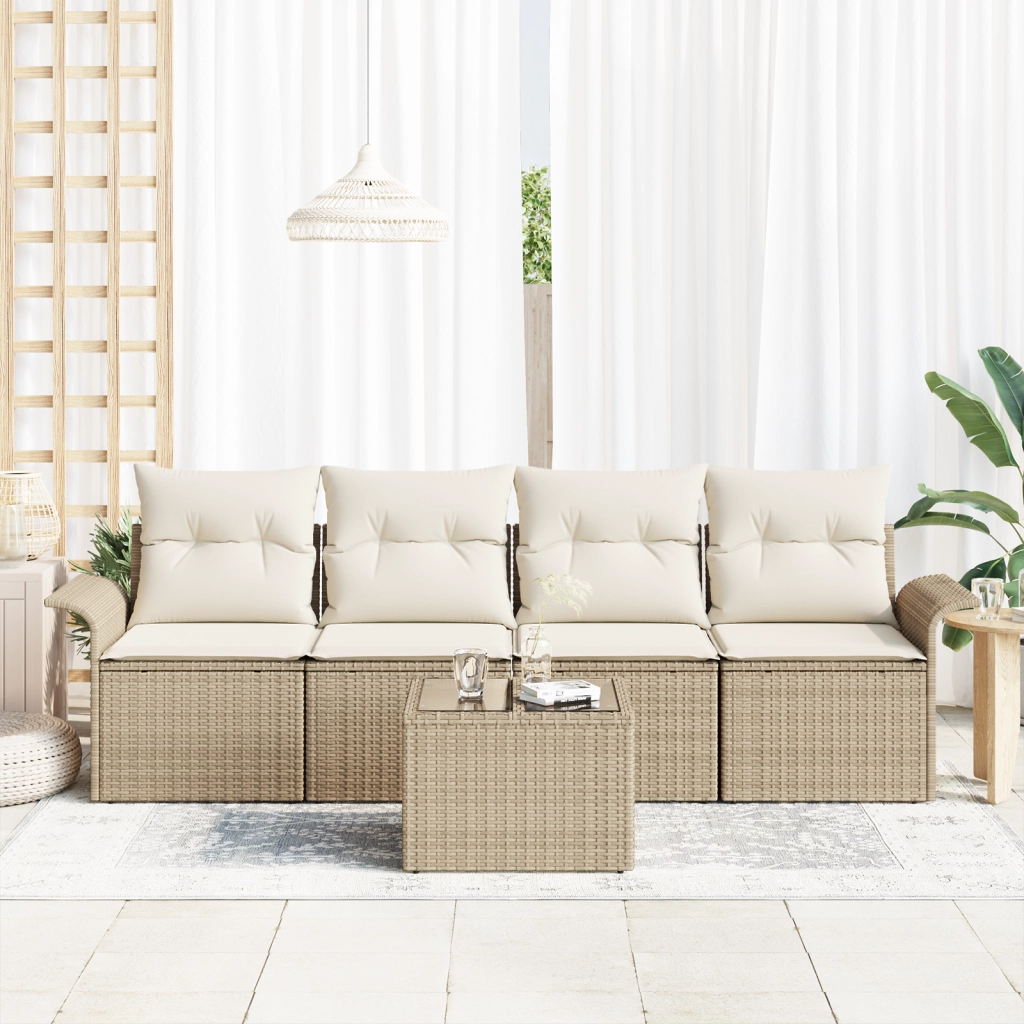 Set Divano da Giardino  5 Pezzi con Cuscini Beige Polyrattan