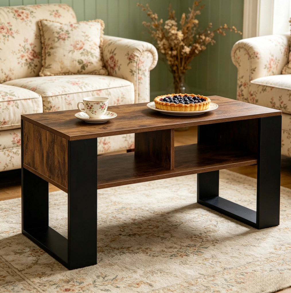 Tavolino da caffè 90 x 45 x 45 cm con 2 vani aperti; nero e marrone rustico