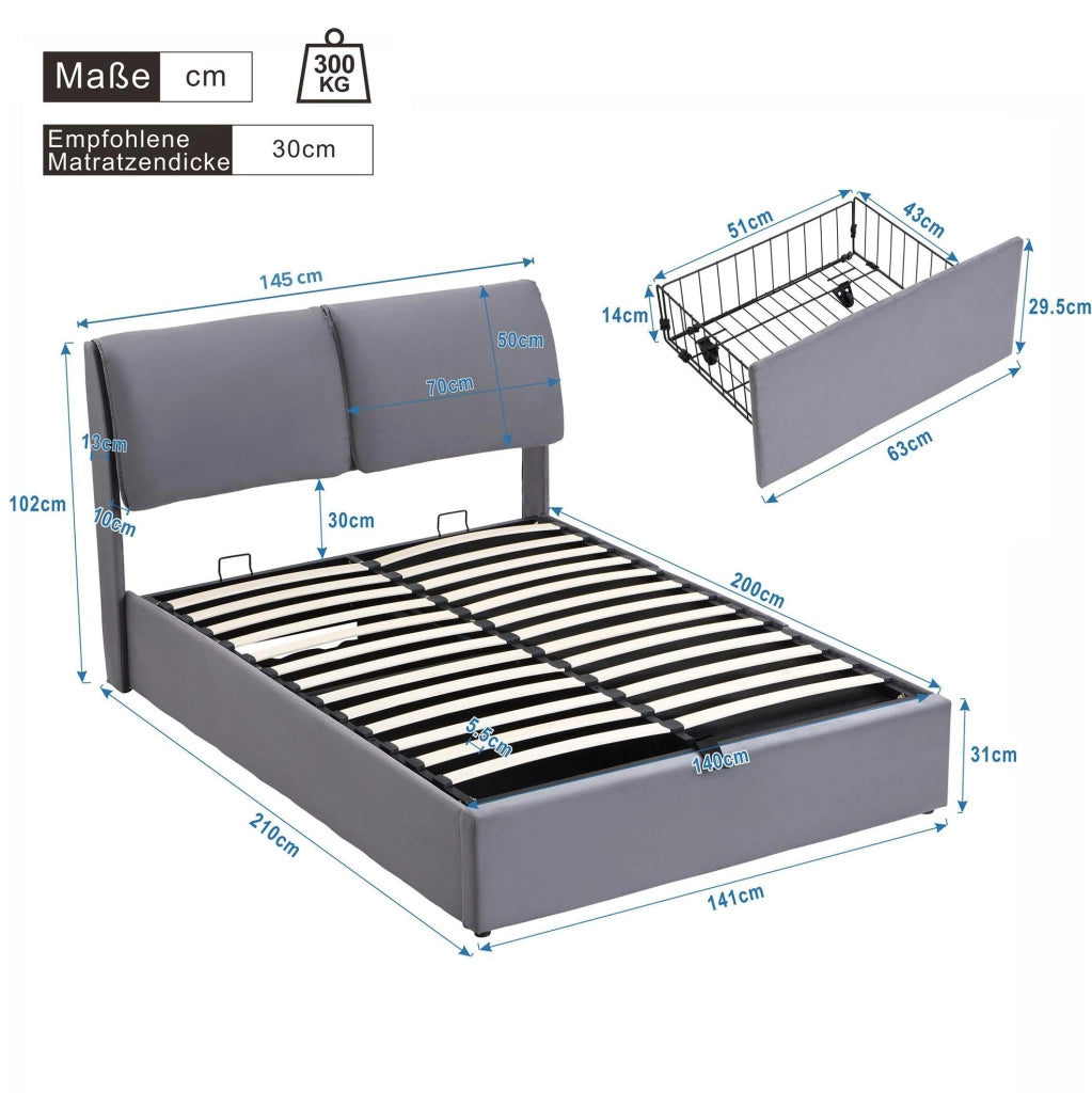 Letto imbottito in velluto grigio 140 x 200 cm con contenitore e cassetti