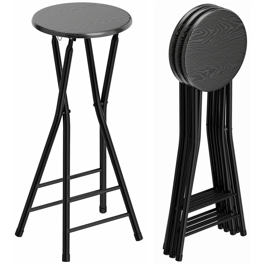 Set 4 Sgabelli Bar Pieghevoli con Doppio Poggiapiedi, in Legno e Acciaio, 34x30x70 cm, Nero
