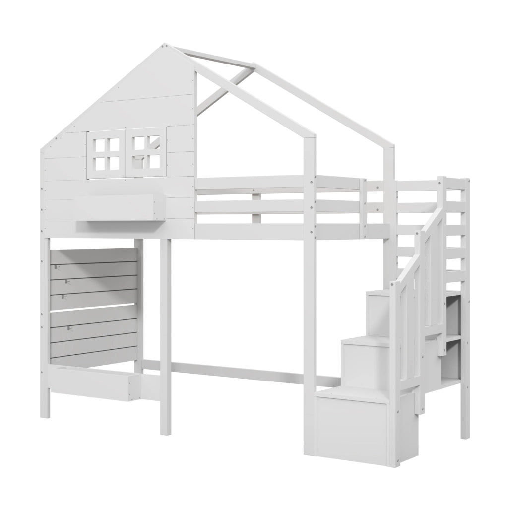 Letto a castello 90x200 cm con scala contenitore e finestra in legno e MDF bianco