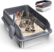 Cassetta per gatti in acciaio inossidabile, grande, impermeabile, resistente all'odore, con bordo alto, con cucchiaio antiscivolo e antipolvere, per gatti e conigli, dimensioni 60 x 40 x 25 cm.
