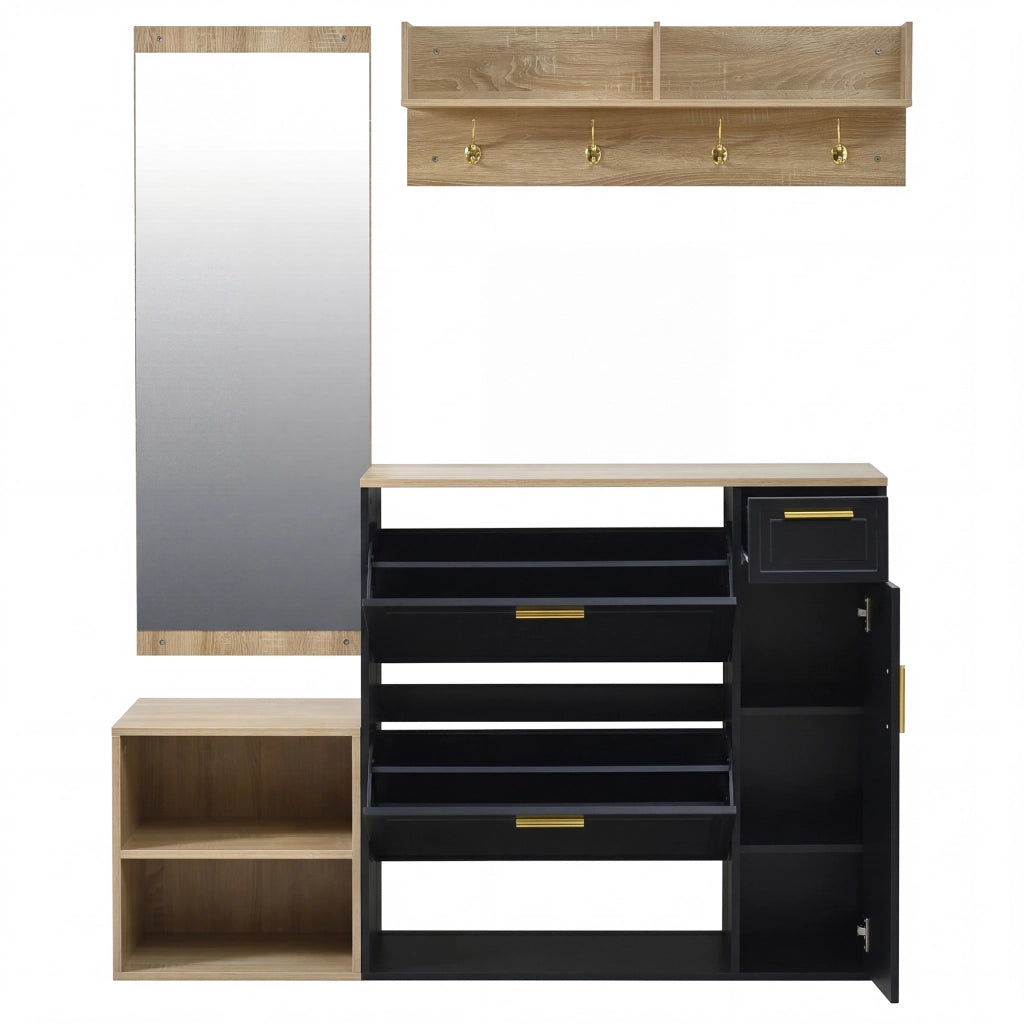 Set ingresso 4 pezzi con scarpiera, panca, appendiabiti da parete e specchio, design salvaspazio in colore Naturale + Nero