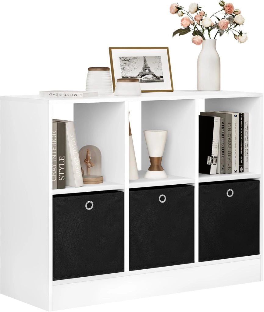 Libreria Scaffale con 6 Cubi, Mobile Libreria Salvaspazio con 3 Ceste in TNT, Porta Libri da Terra per Cameretta, Soggiorno, Studio, Ufficio, in Legno, Rovere Chiaro, 80x30x60cm, SK033hei
