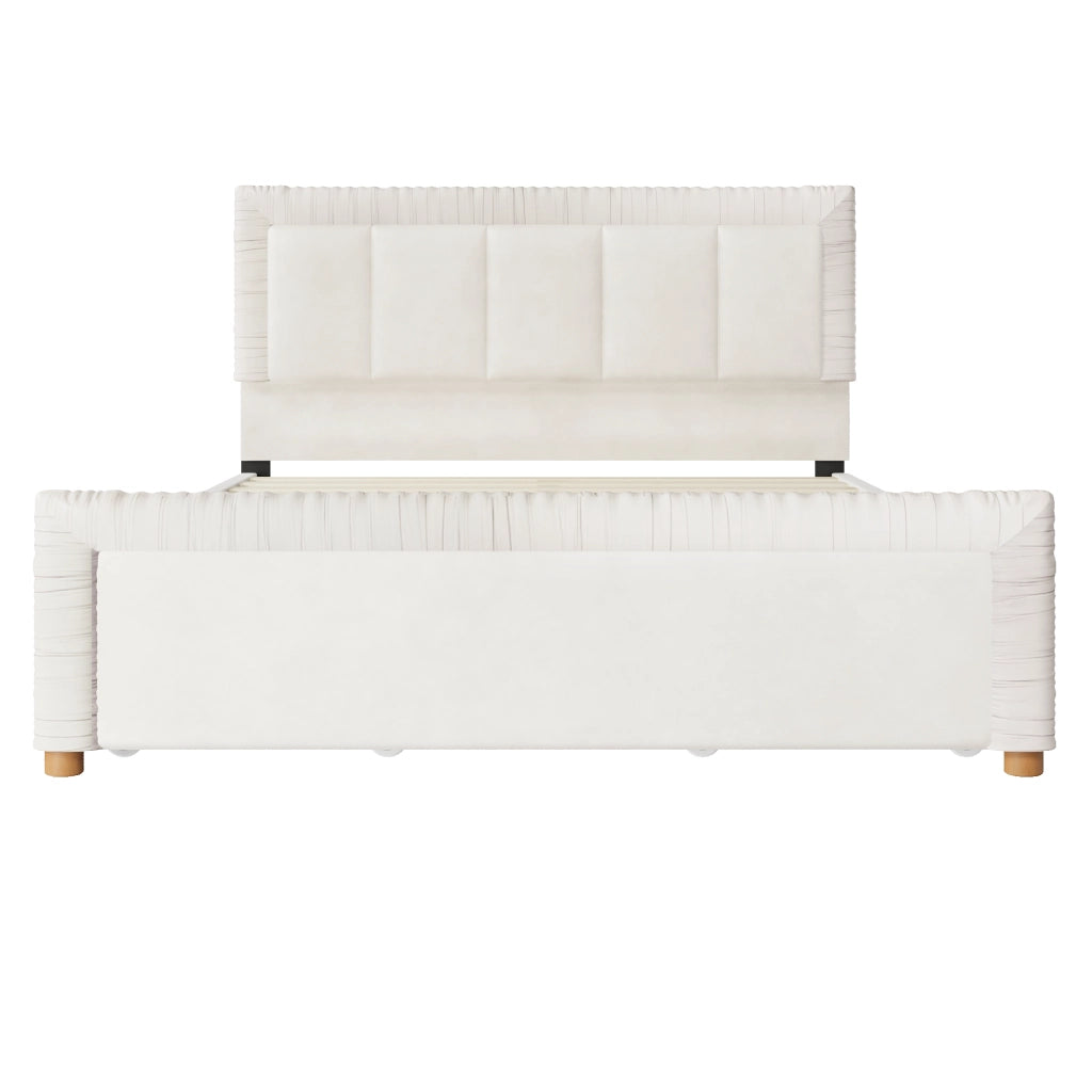 Letto imbottito 140x200 cm in velluto beige con 2 cassetti contenitore