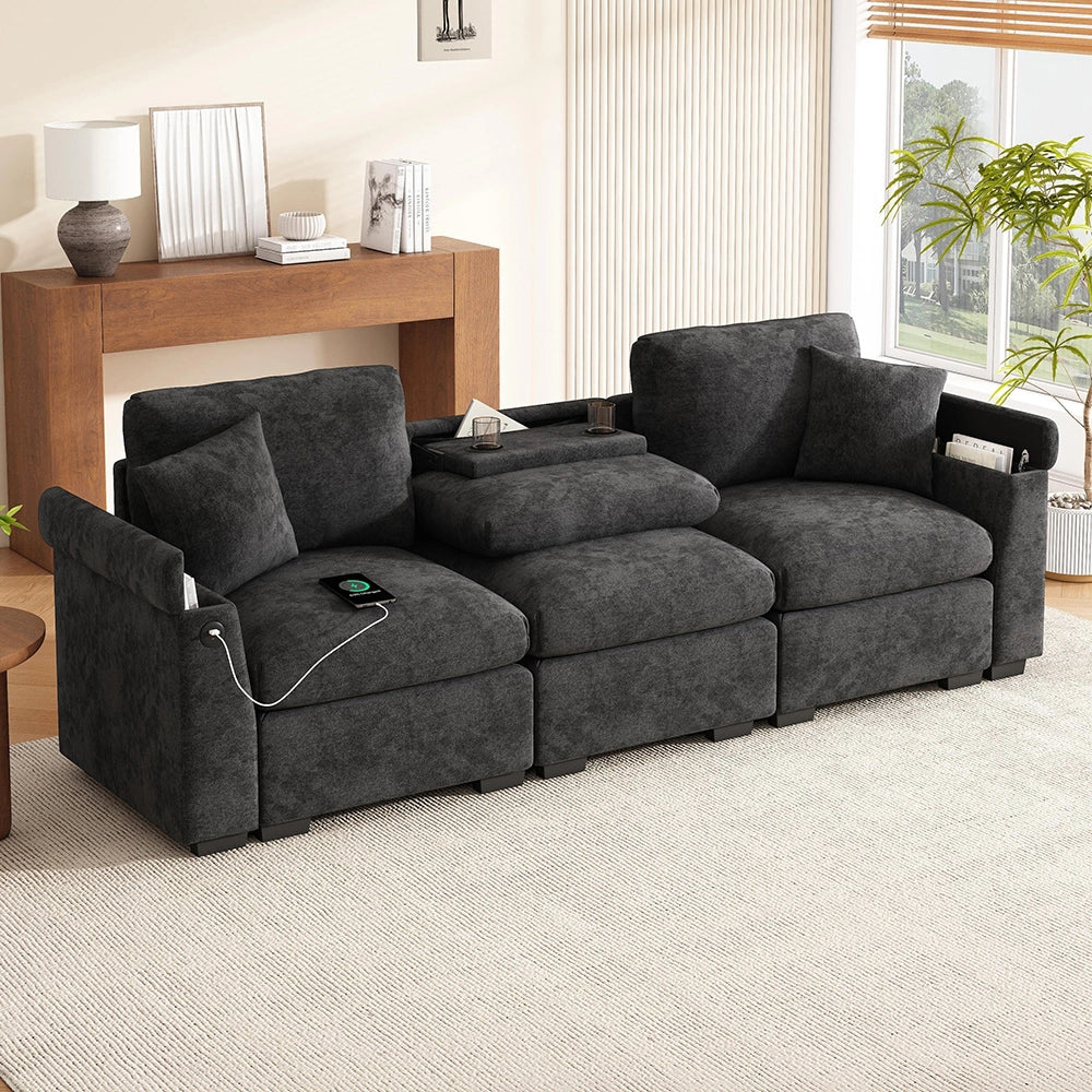 Divano 3 posti - Xylo - In chenille, con tavolo e USB, beige, porta bicchieri