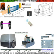 Kit Apricancello Automatico Scorrevole da 6 Q.li Motore 230 V Centrale Radiocomando Faro Fotocellula Selettore 6 Metri di Cremagliera in Nylon Fine Corsa Accessori Fissaggio Condensatore Pignone Z12