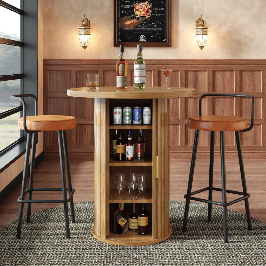 Tavolo bar rotondo con mobile contenitore 60x60x91,6 cm in MDF effetto legno e metallo