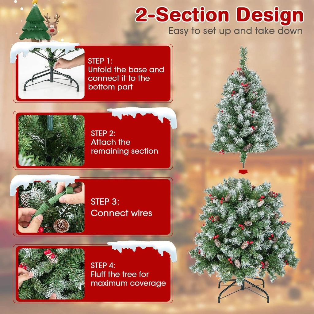Albero di Natale Artificiale 150/195 cm, Albero di Natale con Luci LED e 8 Modalità di Illuminazione, Christmas Tree con Pigne e Bacche Rosse, Supporto in Metallo, per Casa, Negozio (S)