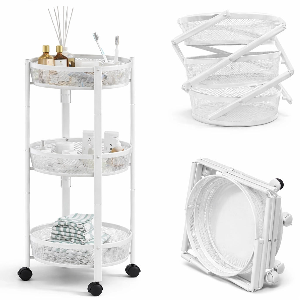 Carrello Pieghevole Salvaspazio 3 Ripiani con 4 Ruote Organizer Metallo 88x35cm Bianco