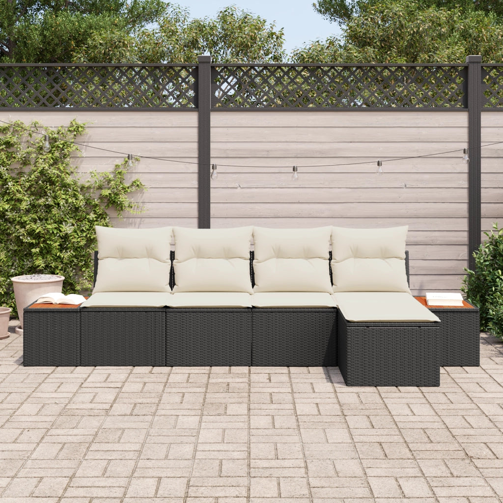 Set di divani da giardino da 5 pezzi con cuscini polyrattan nero acacia
