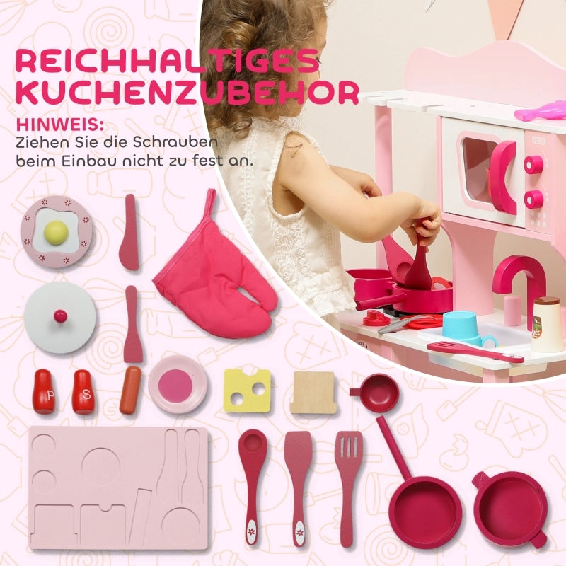 Cucina giocattolo per bambini, accessori in legno, elettrodomestici, compatta, con suoni, rosa